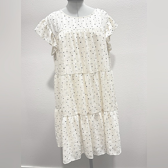 BLU PEPPER Cream w/ Black Polkadots Loose Fit Babydoll Dress Ruffled Sleeve SZ M - Picture 1 of 16